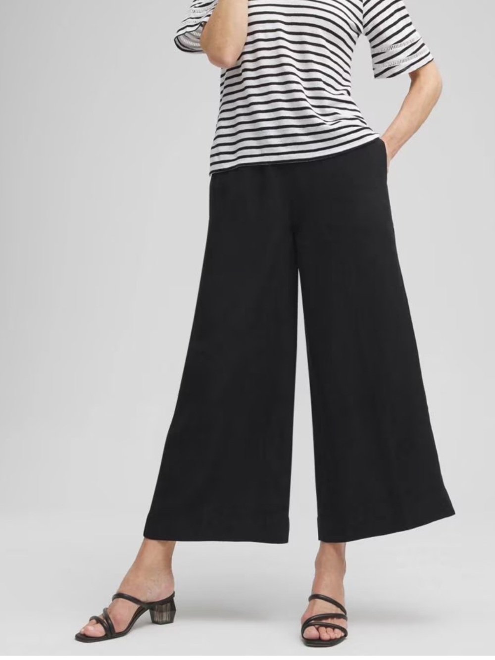 Chico’s Linen Wide Leg Culotte Pants Black Pockets Pull On Beach Resort Summer-0
